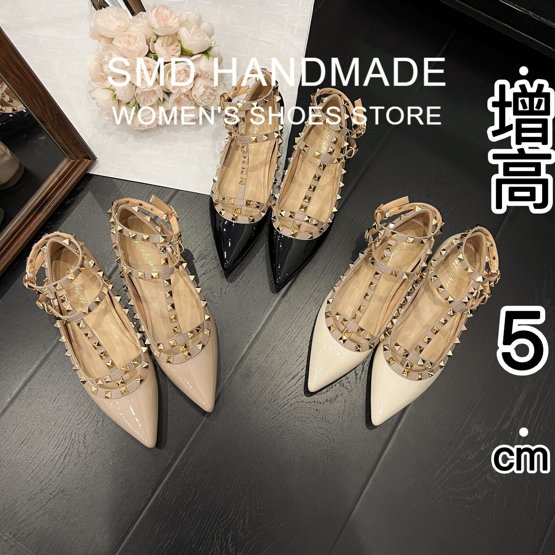 羊皮版~内增高女鞋铆钉尖头漆皮单鞋春新款性感脚环T型扣带平底鞋