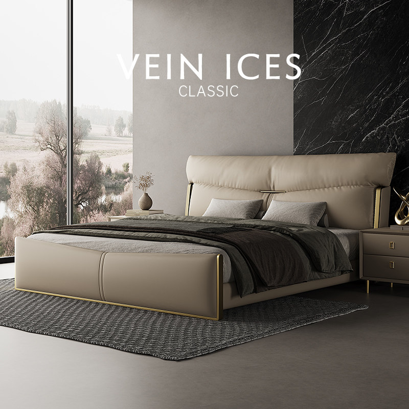 高端大气轻奢奶油风实木纳帕真皮床落地高床头主卧室酒店结婚储物