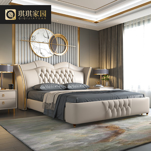 床轻奢现代双人主卧室美式 简约储物真皮婚床2000×2200