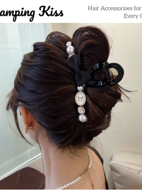 Camping Kiss法式设计蝴蝶结鲨鱼夹优雅黑色抓夹女2024年新款发夹