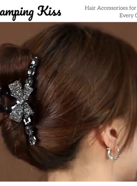 法式Camping Kiss高级感黑色镶钻蝴蝶结发夹2024年新款公主头饰