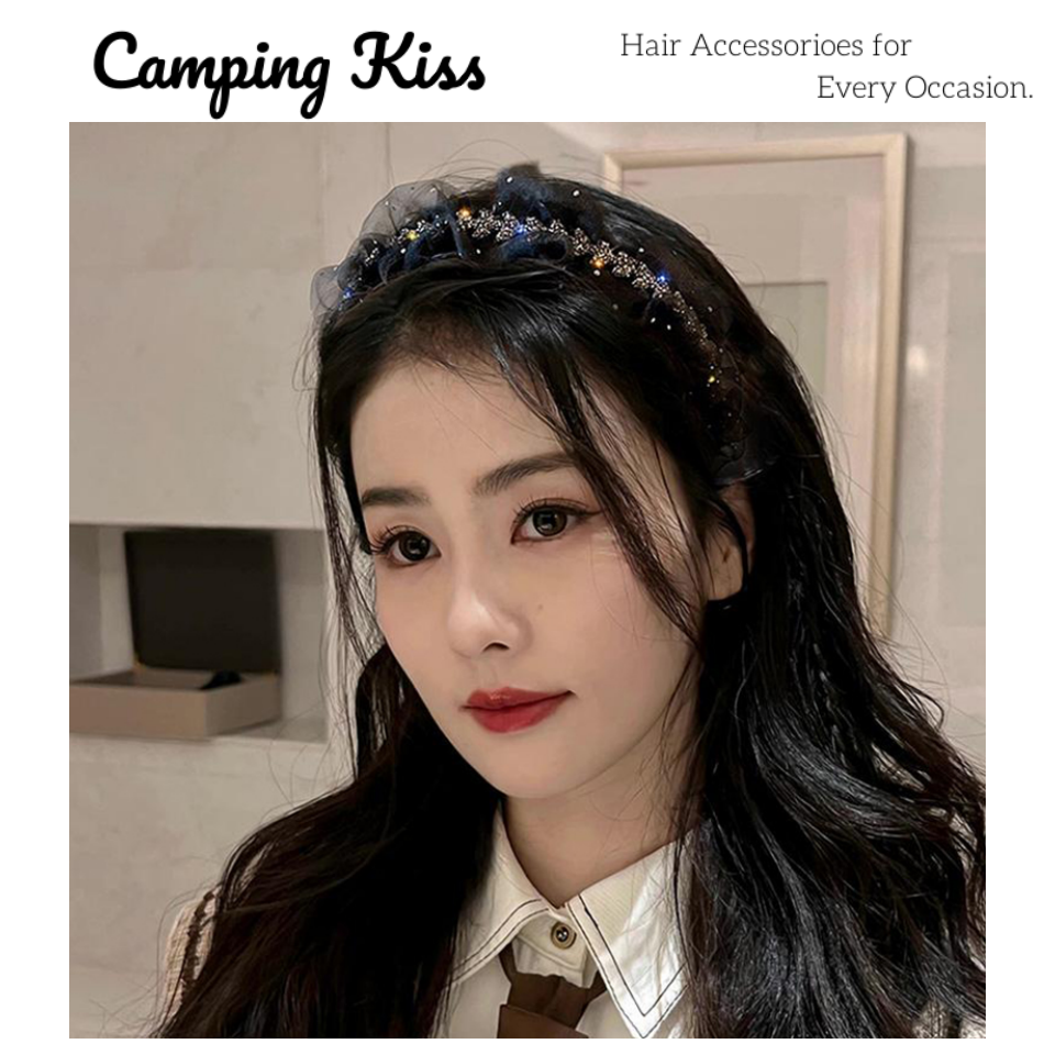 法国CK~闪钻满天星发箍高颅顶蓬松黑色褶皱高级感显脸小头饰女