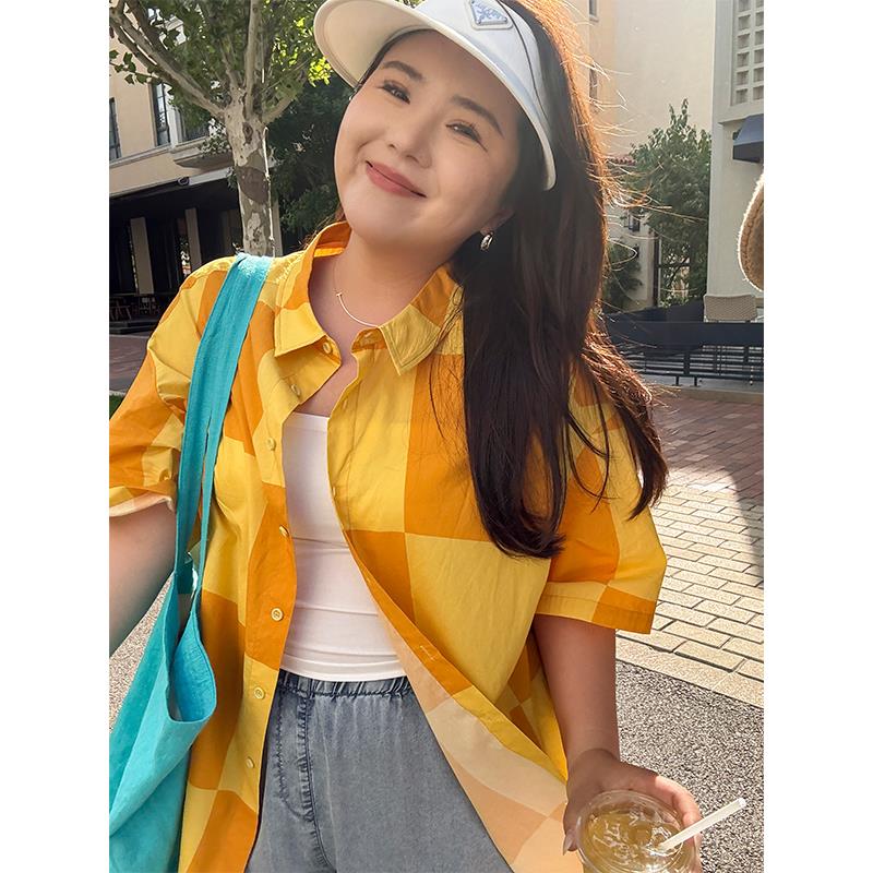 胖mm活力格子短袖衬衫夏木子理想大码女装减龄宽松随性上衣200斤