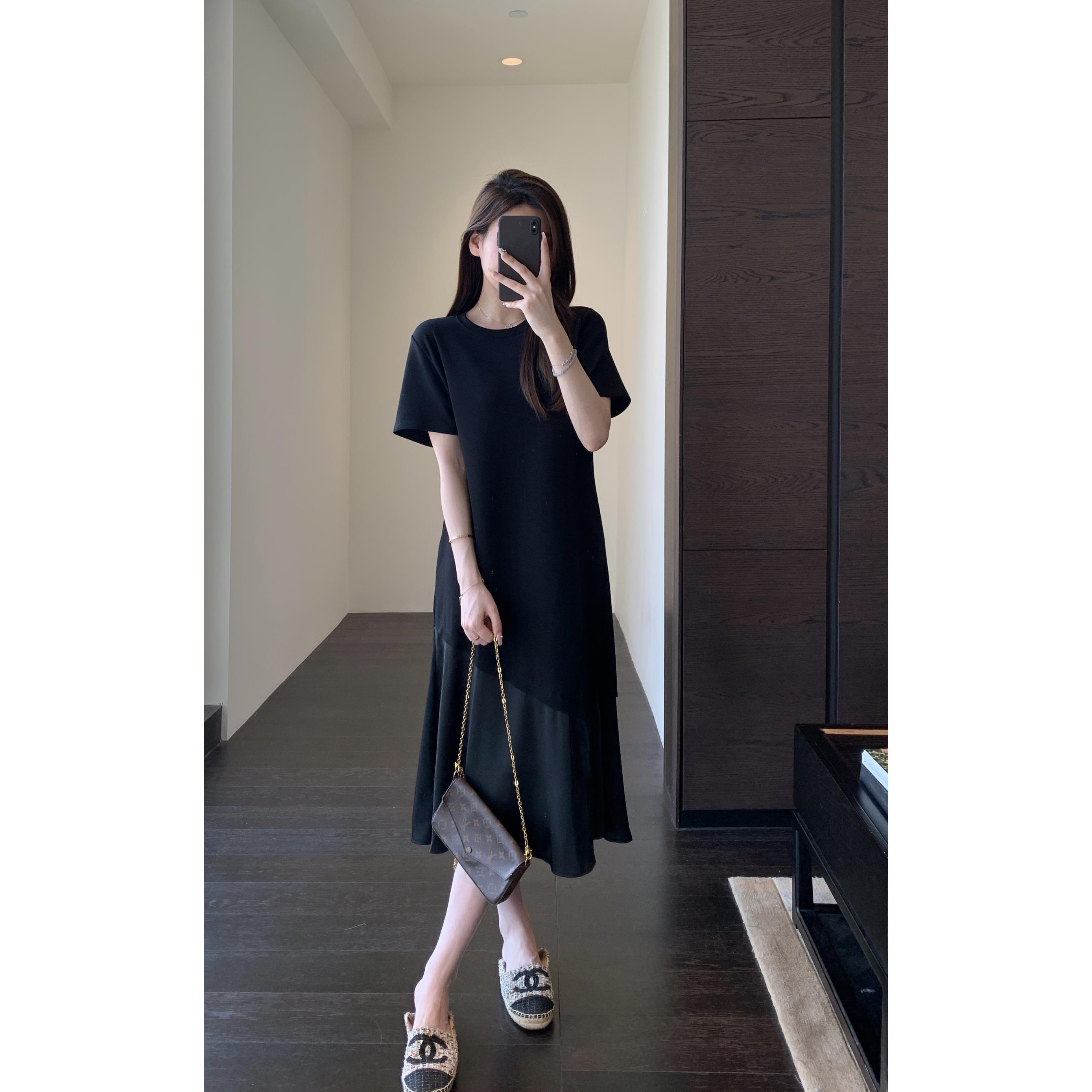 AMR UU◆藏肉显瘦 慵懒随性宽松小黑裙T恤长裙女垂感连衣裙春夏新
