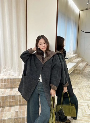 韩国定制SEVEN格子双面羊绒外套女慵懒宽松中长款羊毛大衣冬季