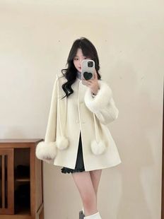韩国定制SEVEN2025秋冬新款 口双面呢羊绒大衣毛呢子外套 狐狸毛袖