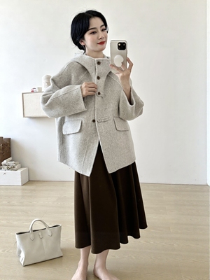 韩国定制SEVEN气质百搭宽松显瘦单排扣双面羊毛大衣连帽毛呢外套