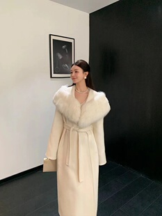 韩国定制SEVEN2025 大衣 羊毛双面呢外套女秋冬真狐狸毛长款