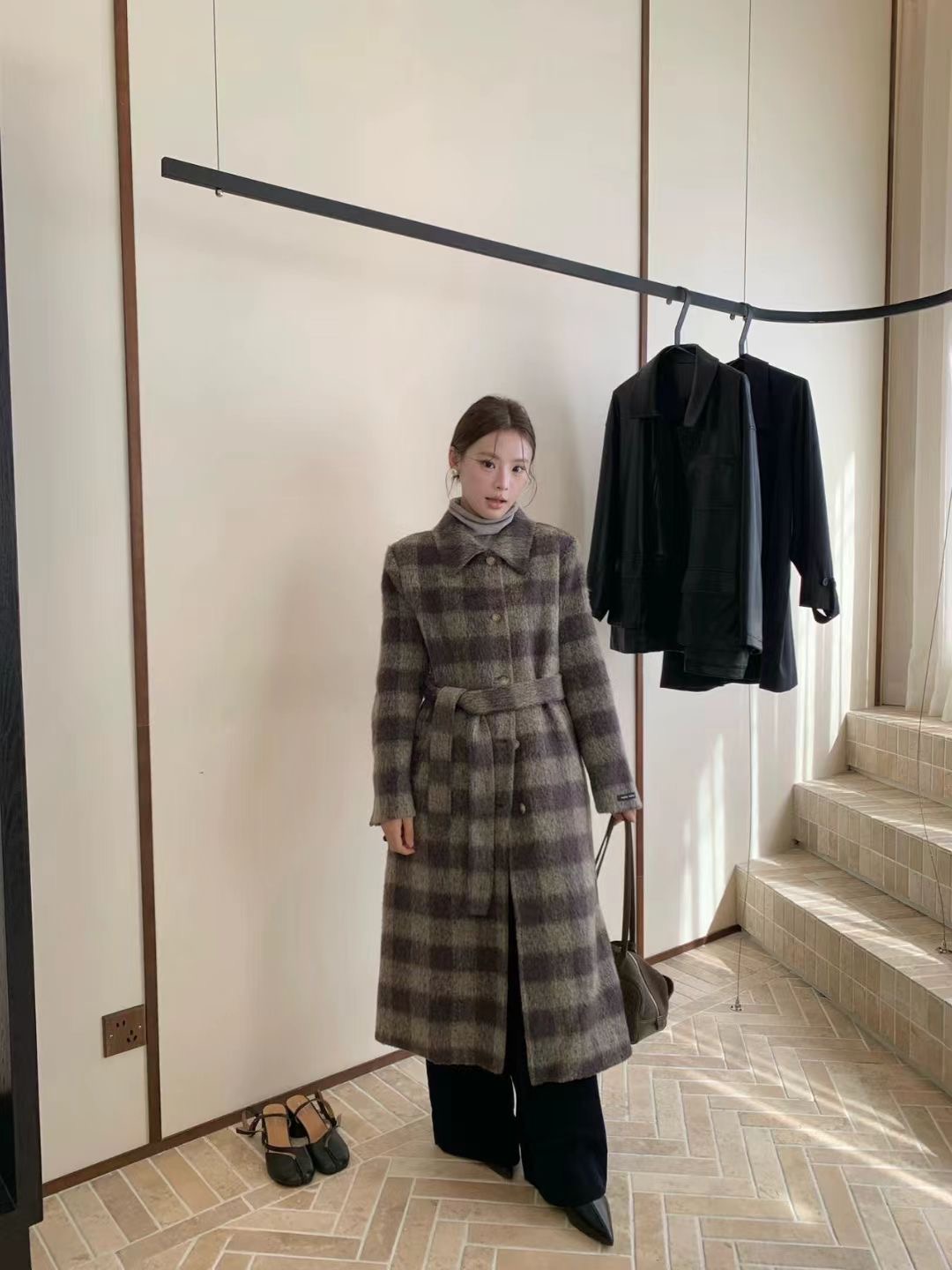 韩国定制SEVEN 格子单排扣长毛羊驼大衣女冬高级感超长毛呢外套