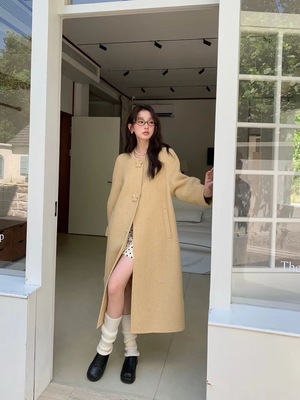 韩国定制SEVEN2025秋冬新款双面羊毛大衣女中长款减龄蝴蝶扣外套