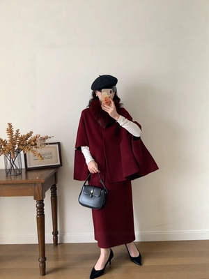 韩国定制SEVEN双面羊绒斗篷大衣毛领外套+直筒裙羊毛两件套装裙