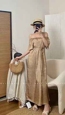 韩国定制春夏新品女凉爽宽松慵懒复古小众露肩半袖吊带连衣裙两穿