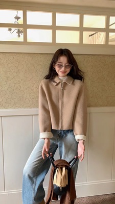 韩国定制SEVEN2025设计感双面羊绒大衣短款翻领拉链羊毛外套