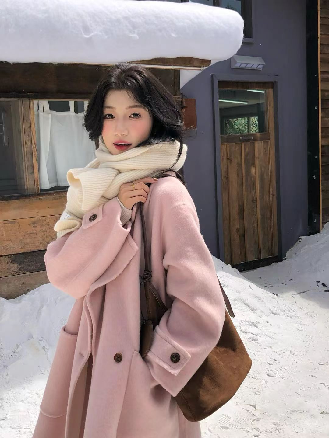 韩国定制SEVEN冬季中长款双面羊绒大衣女宽松韩版廓形羊毛呢外套