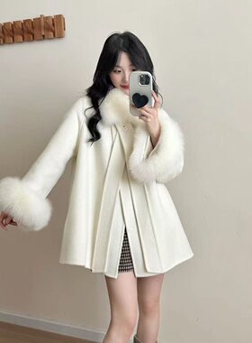 2026秋冬新款狐狸毛领双面羊绒大衣女短款小个子羊毛呢子外套