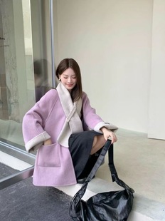 韩国定制SEVEN设计感AB面双面羊绒大衣女围巾领宽松羊毛呢外套