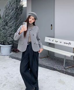 韩国定制2026秋冬新款双面羊绒大衣女短款圆领国风盘扣上衣外套