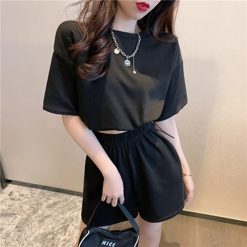 2026新款休闲时尚套装夏季短款上衣短袖t恤女高腰阔腿短裤两件套