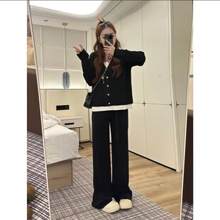 大码休闲时尚套装女早秋款新款长袖宽松气质显瘦开衫阔腿裤三件套
