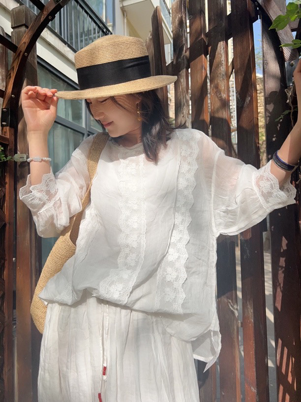 棉麻中长款娃娃衫女2025夏季新款宽松大码蕾丝亚麻超仙五分袖衬衫