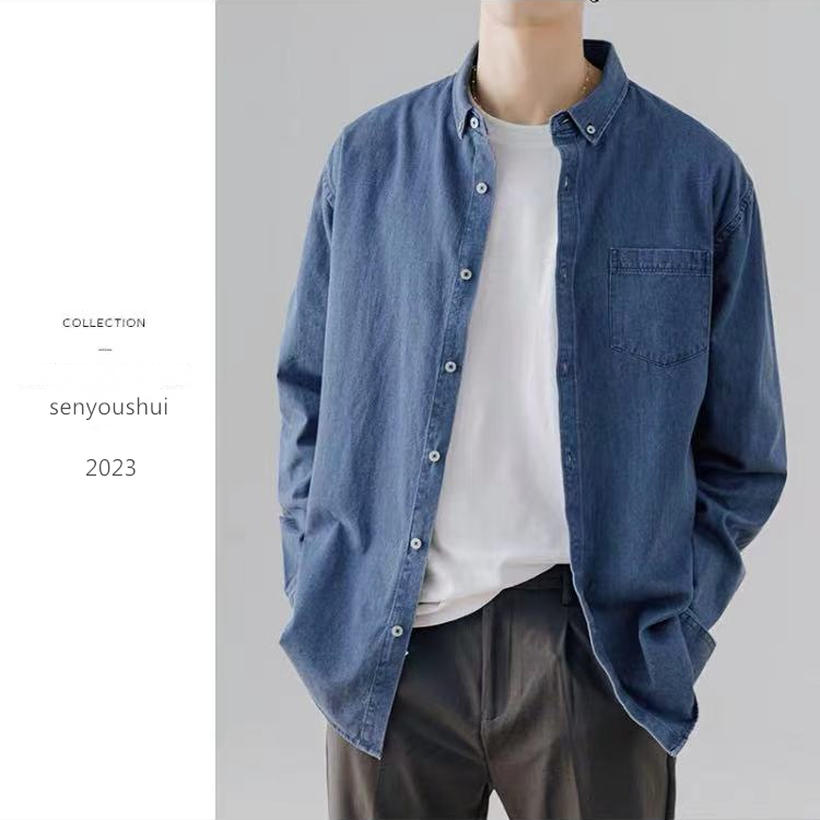 纯棉水洗男长袖日系工装牛仔衬衫