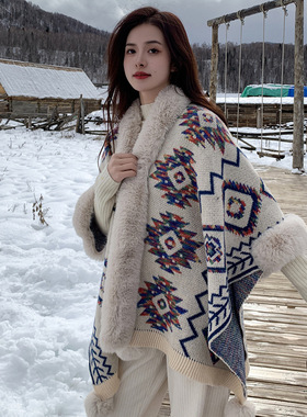 Winter Warm Cashmere Fur Cloak Shawl Cape Women Poncho 斗篷