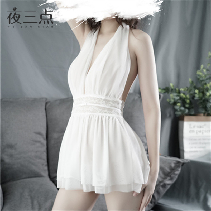 Sexy Mesh Open Back Women Mini Night Dress 深V开襟露背睡裙女