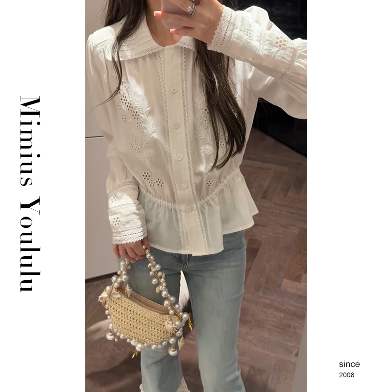 【mimius】游鹿鹿 法式高级感重工复古刺绣收腰衬衫