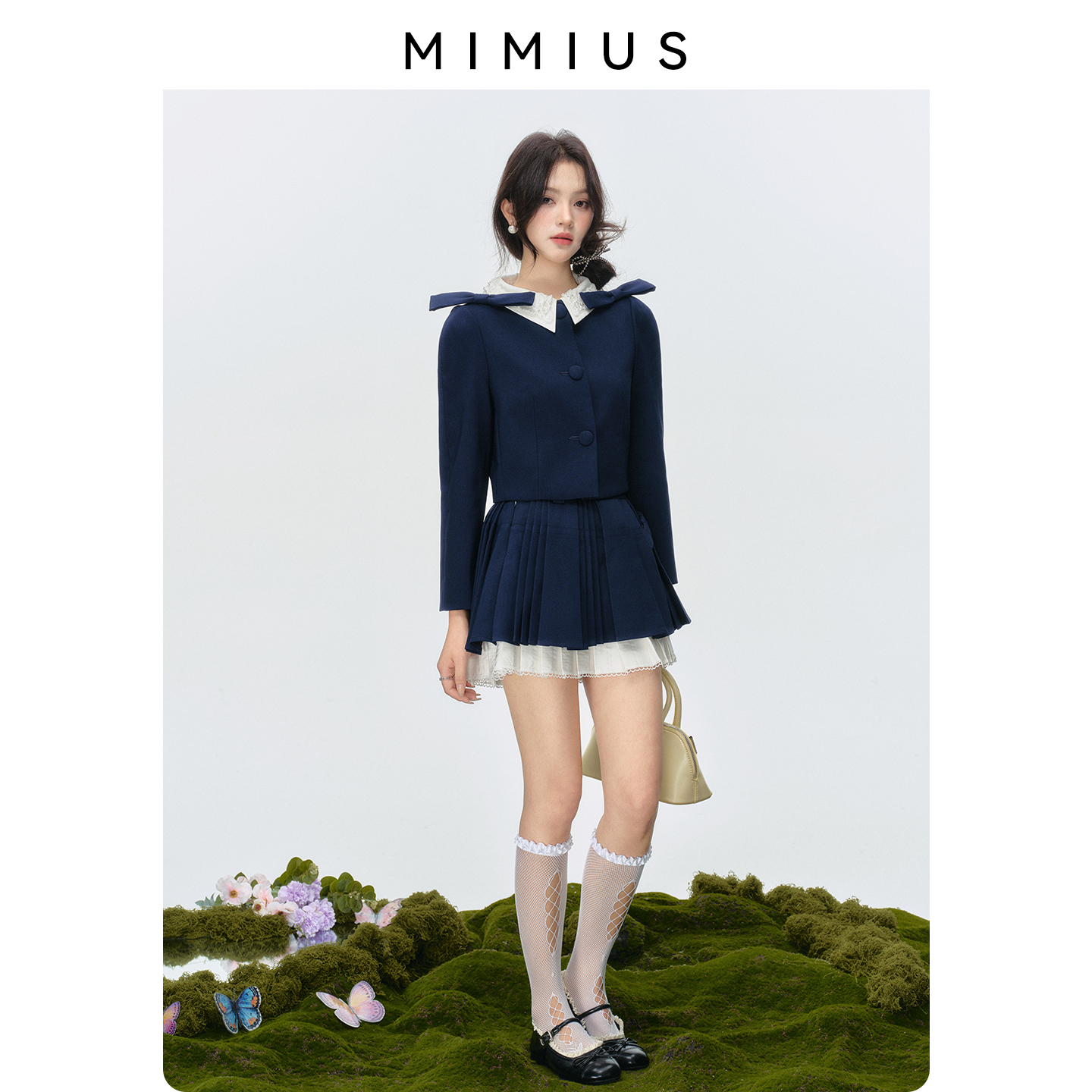 【mimius】游鹿鹿 25早秋复古钉珠蝴蝶结短外套+百褶拼接短裙裤