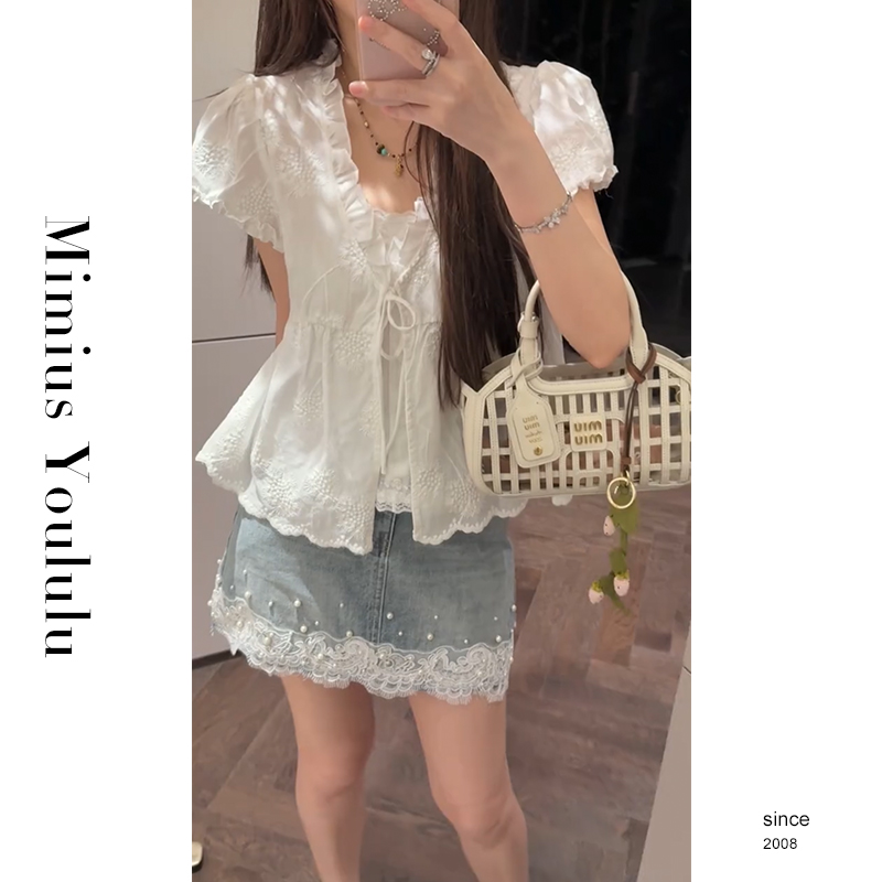 【mimius】游鹿鹿 温柔甜美风系带假两件衬衫+蕾丝拼接牛仔裙裤
