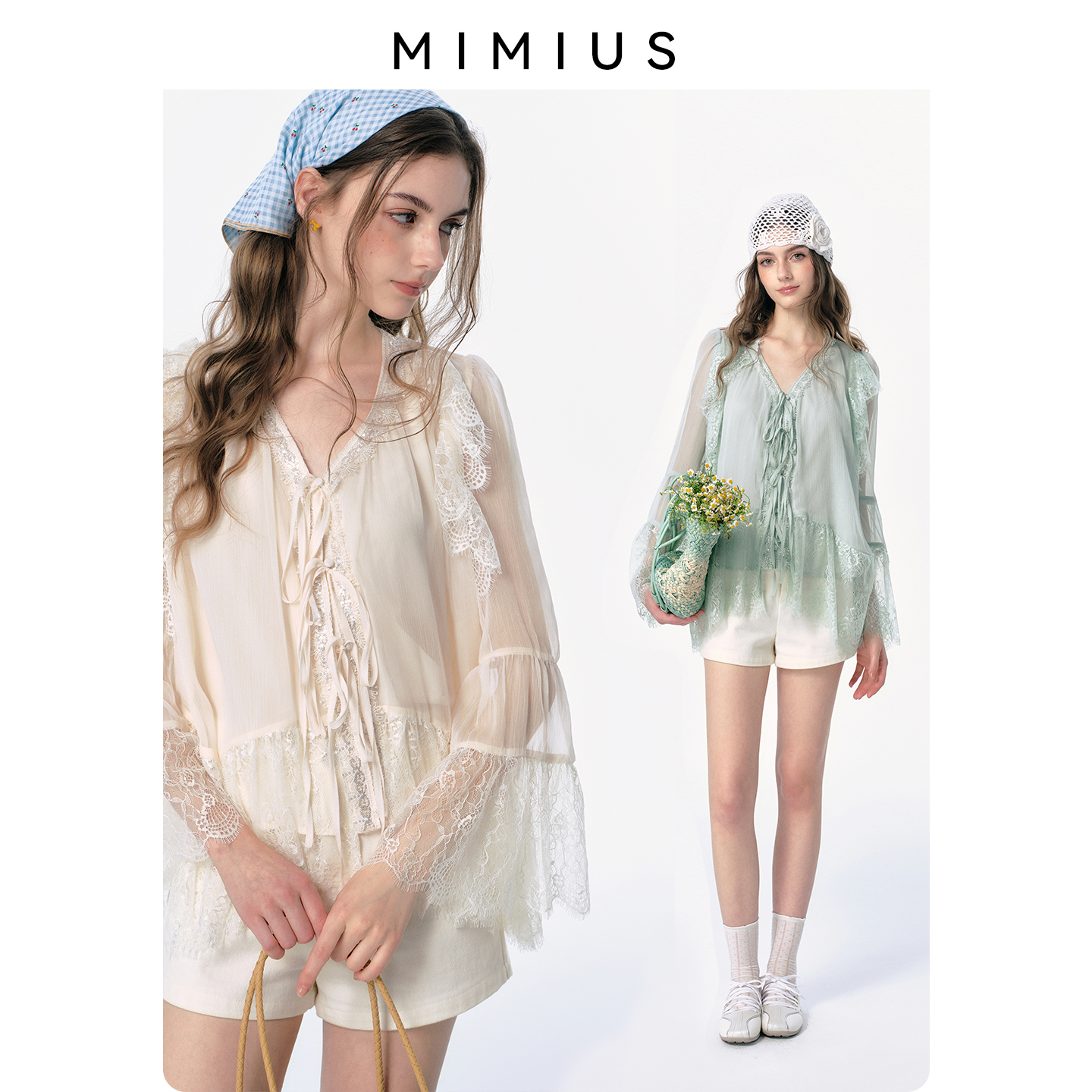 【mimius】游鹿鹿 温婉精美刺绣蕾丝拼接绑带V领衬衫 G05038