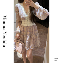 【mimius】游鹿鹿 高定款法式蕾丝碎花收腰长袖连衣裙
