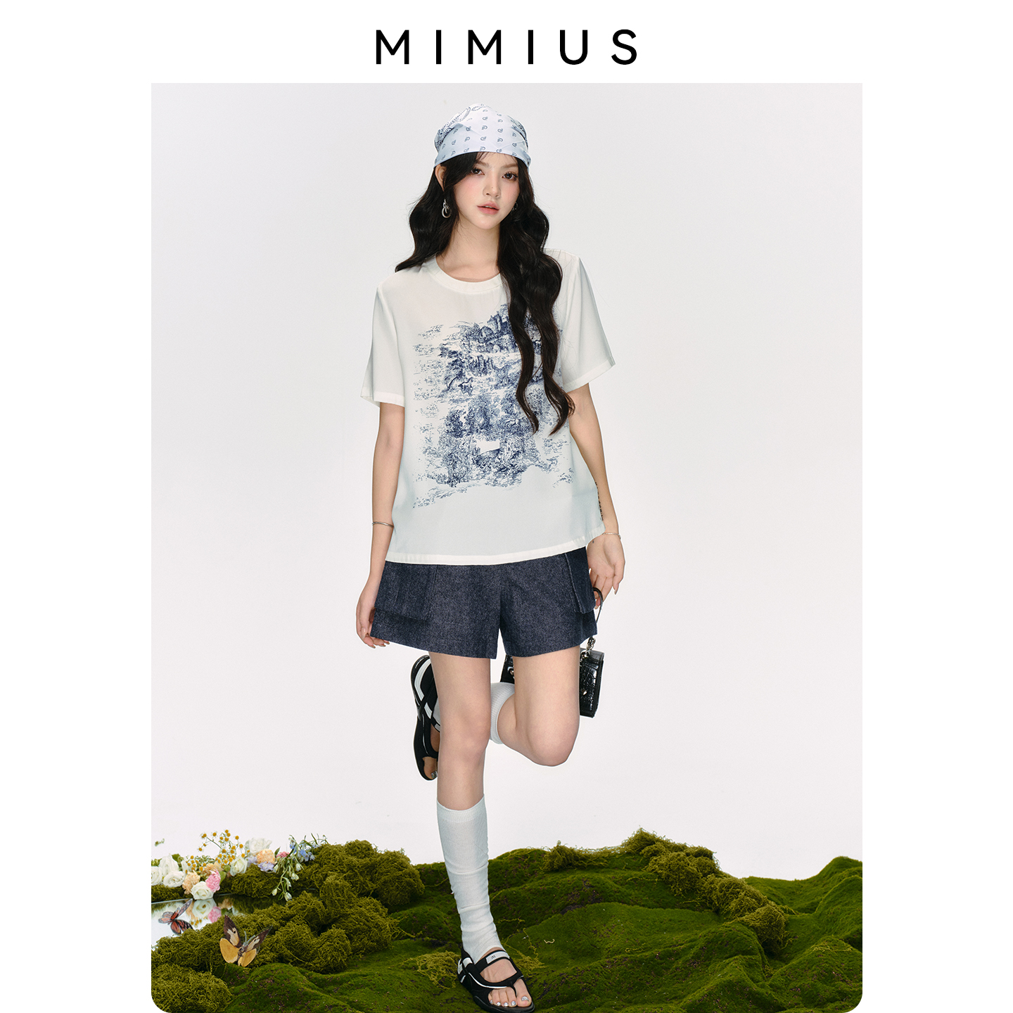 【mimius】游鹿鹿 优雅山水画圆领宽松短袖T恤+牛仔短裤 G06217