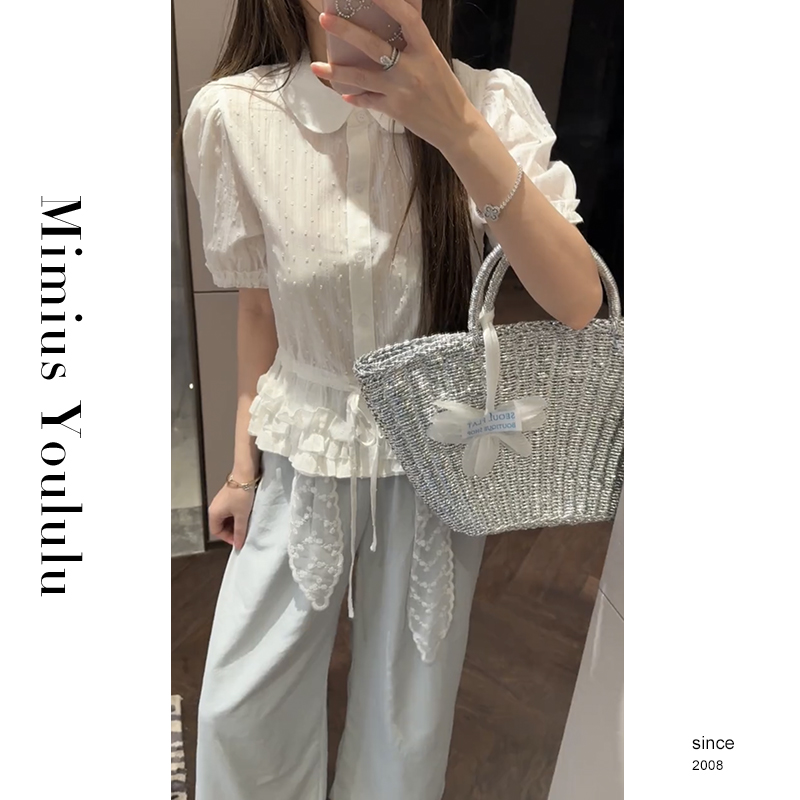 【mimius】游鹿鹿 白色法式甜美娃娃领荷叶衬衫独特漂亮掐腰上衣