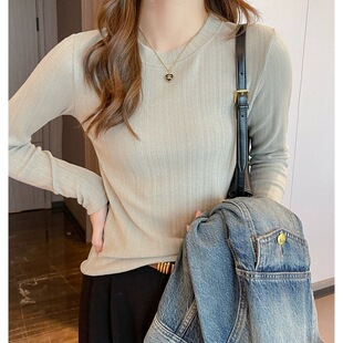 2026新款螺纹小圆领打底衫女内搭高级感秋冬季长袖t恤可外穿