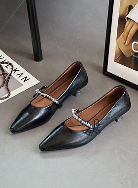 漫斯贝尔法式气质仙女风浅口尖头单鞋女水钻一字带百搭通勤粗跟