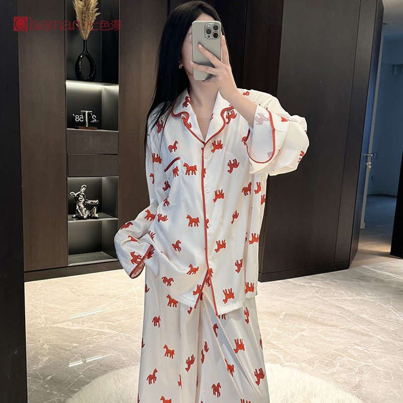 简约慵懒印花长袖长裤睡衣套装春夏冰丝绸可外穿家居服感睡衣