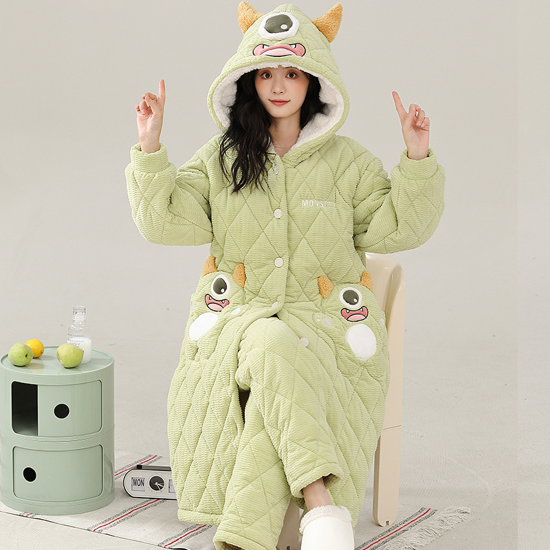 冬季珊瑚绒加厚三层夹棉连帽睡袍法兰绒睡衣女长款长袍加裤套装