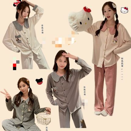 可爱卡通Hellokitty娃娃领家居服女秋冬德绒加厚保暖长袖睡衣套装