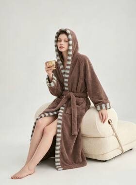 现货秋冬季新款珊瑚绒加厚美丽绒男女睡袍加长浴袍情侣款睡衣纯色