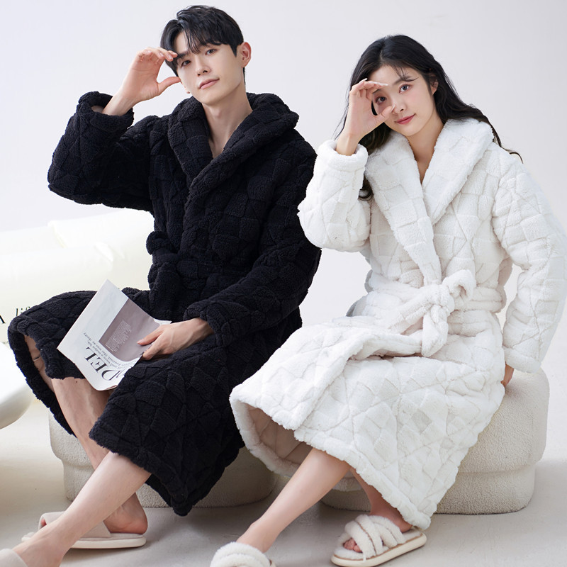 睡袍女冬珊瑚绒夹棉三层加厚加长款情侣法兰绒棉袄连体睡衣男浴袍