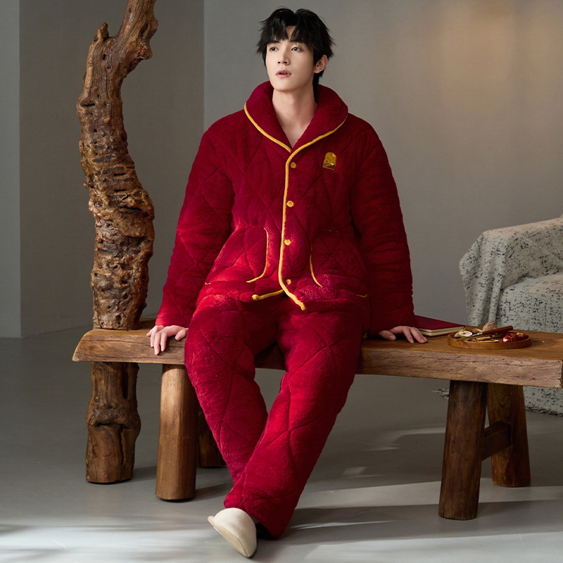 2025新款加厚男睡衣三层夹棉冬红色男士冬季保暖男款冬天加绒冬款