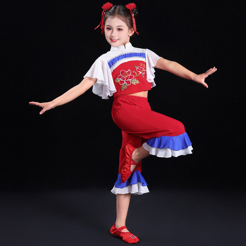 2026新款六一儿童秧歌服民族扇子舞打鼓服红色喜庆开门红演出服