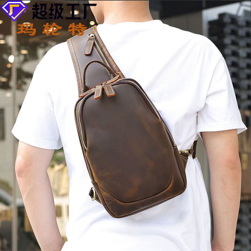 简约疯马皮男士单肩包斜挎包胸包男款斜挎胸包男潮牌夏季斜挎背包