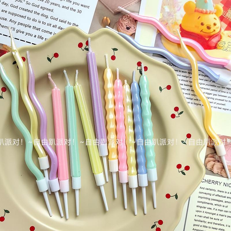 彩虹珍珠珠光螺旋扭扭马卡龙蜡烛