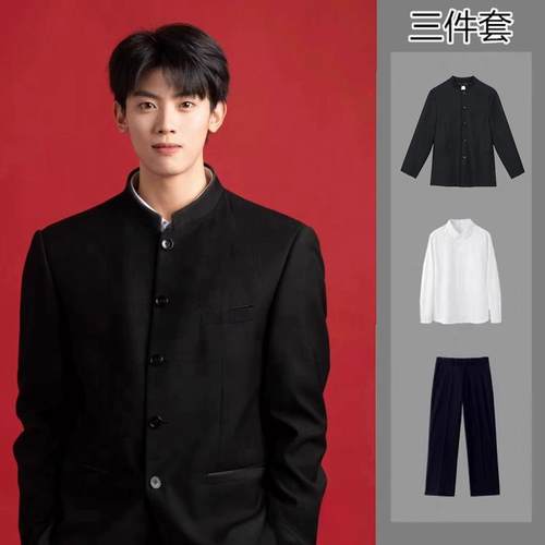 新中式中山装西服国潮男士痞帅青少年中国风立领垫肩西装唐装外套