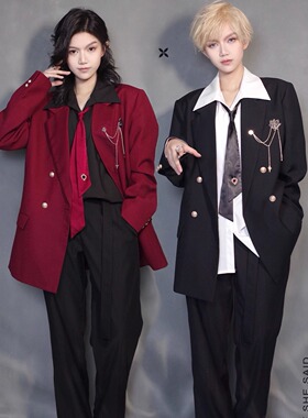 原创设计JKDK红色双排扣西服禁欲系外套翻领衬衫情侣装