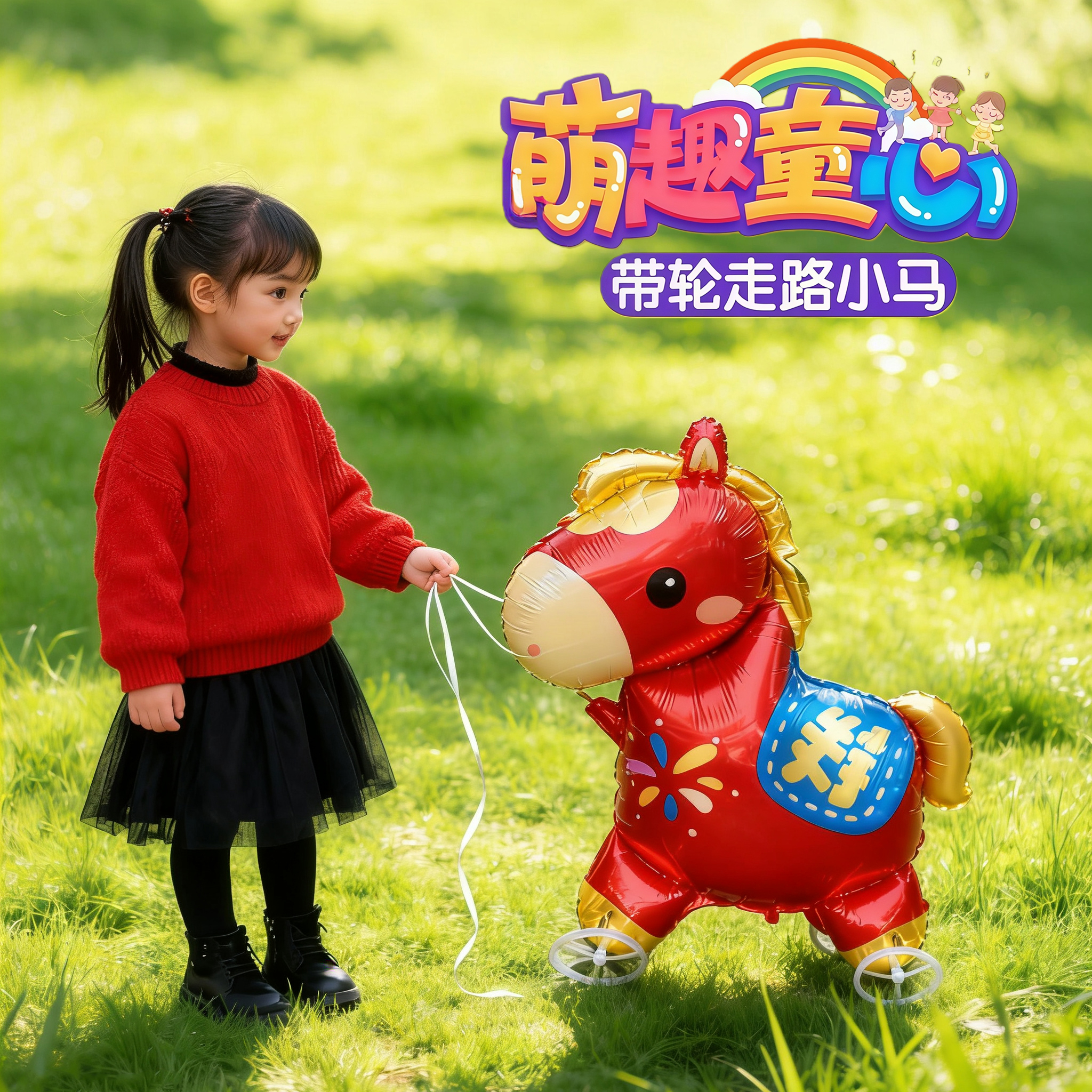 马年卡通小马带轮子拉绳气球