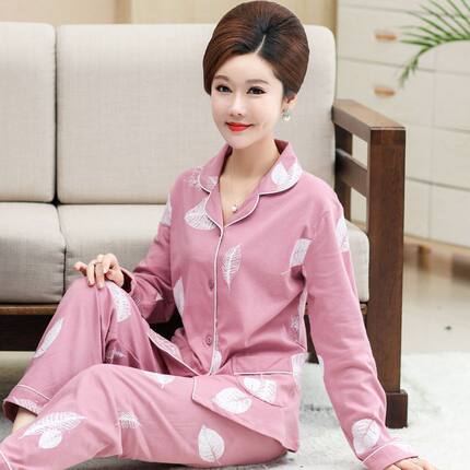 中老年女士春秋季长袖100%纯棉睡衣中年妈妈加大码开衫家居服套装