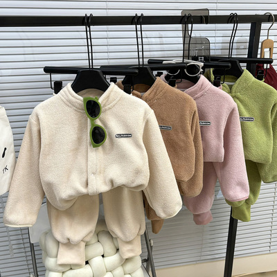 秋冬新款儿童套装立领双面绒毛毛衣韩版男女童加厚外套裤子两件套